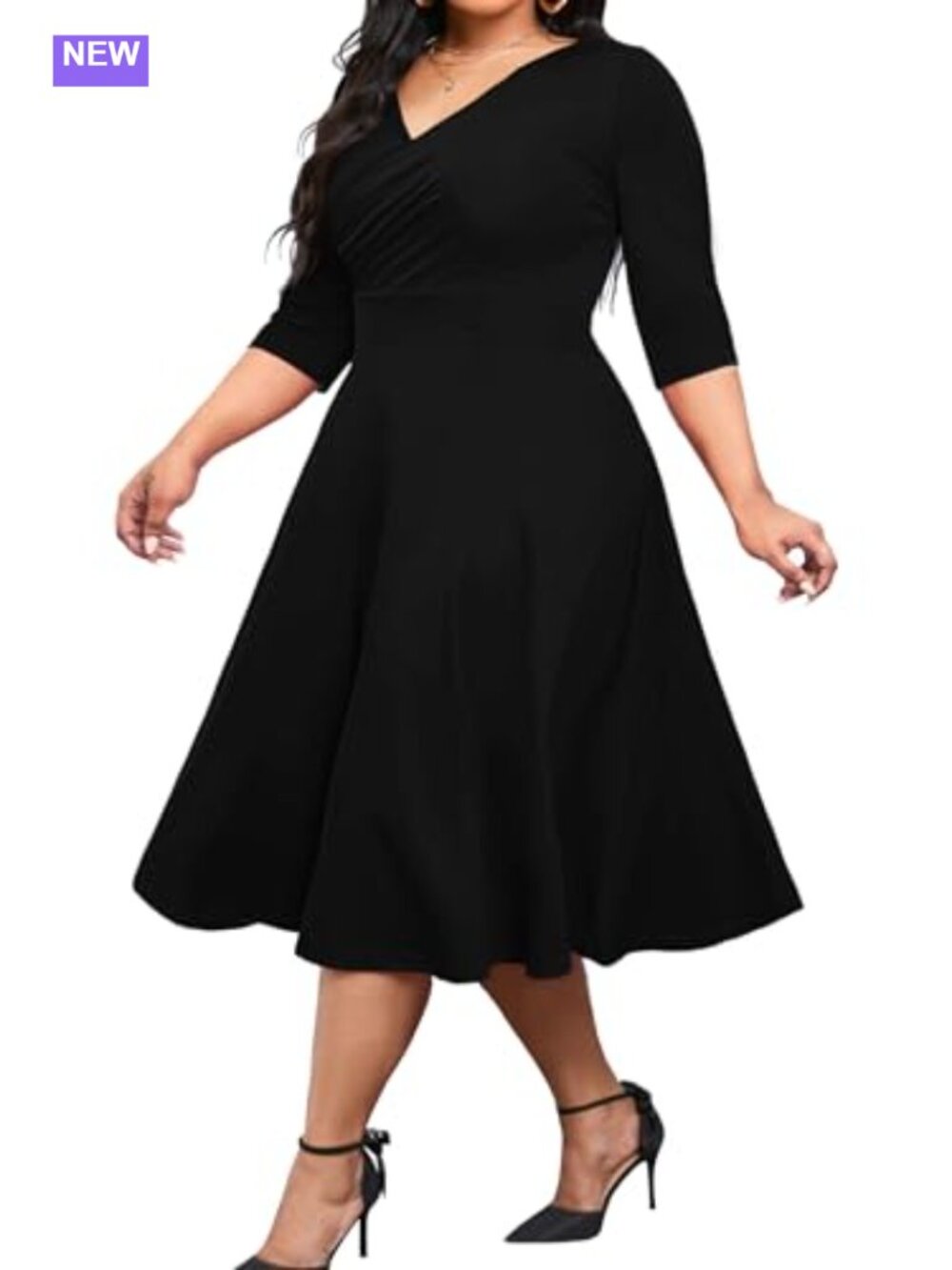 Plus Size Midi Dress A-Line V Neck Wrap Casual 3/4 Sleeve
